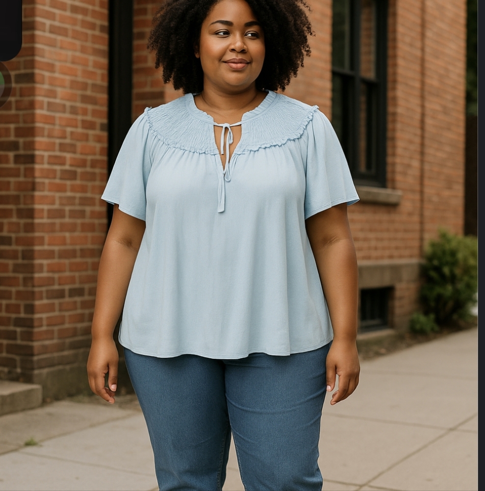 Torrid Blue Gauze Smocked Yoke Ruffle Blouse